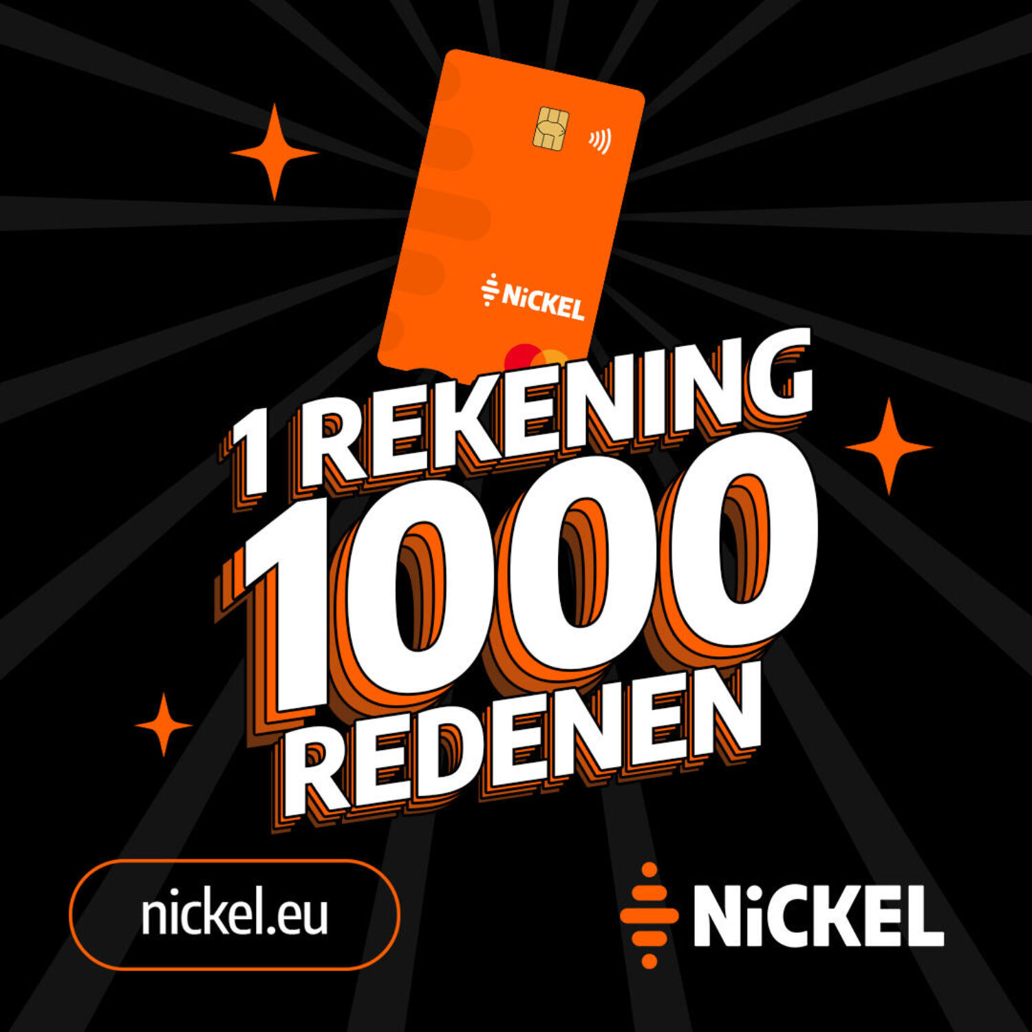 Nickel-campagnebeeld ‘1 rekening, 1.000 redenen’: een oranje bankkaart met tekstballonnen over online shoppen, abonnementen en reizen.